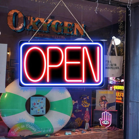 16.5 X 9 Inch Led Neon Open Sign For Business Ultra Bright Plug In Light Up Open Sign With Easy On Off Switch And 12V 2A AC Adapter For Storefront Window Bar Salon Coffee Shops Blue Red Backplate