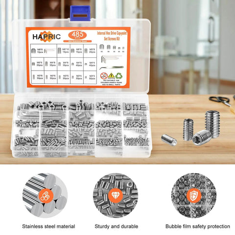 485 Pcs Set Screws Kit In 304 Stainless Steel With 14 Sizes M3 M4 M5 M6 M8 Head Socket Hex Cup Point Includes 5 Hex Wrenches And 1 Tweezer Durable Rust Resistant Gear For DIY And Pro Projects in open compartment case on wooden table