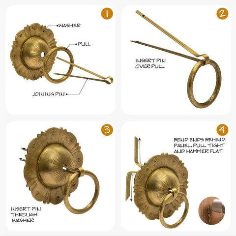 Installation steps for Brilliant Sun Brass Cabinet Pulls Set Of 2 4.5 Inch Wide Architectural Hardware with joining pins.