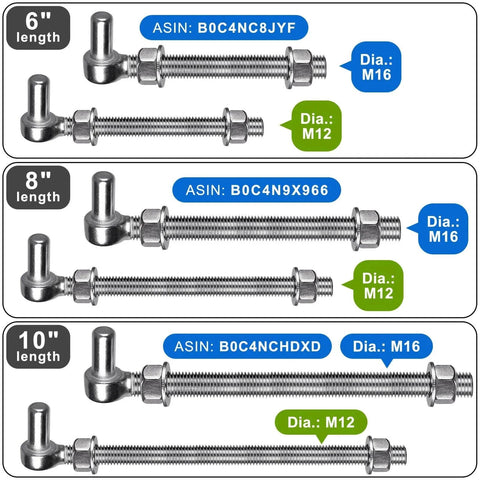 Comparison chart of three 304 Stainless Steel Gate Hinge Sets in 6-inch, 8-inch, and 10-inch lengths, M12 and M16 diameters.
