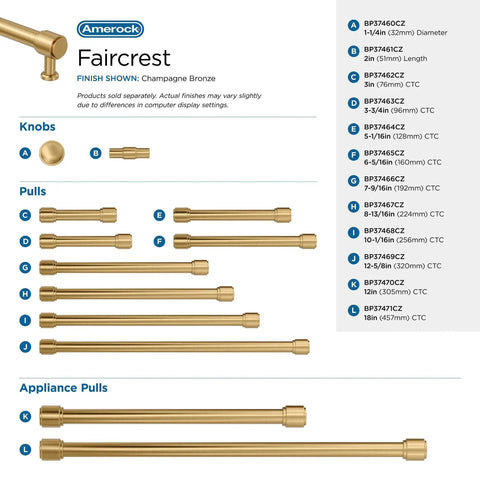 Faircrest Champagne Bronze cabinet pulls and knobs chart with various sizes, including 5-1/16 inch center-to-center spacing