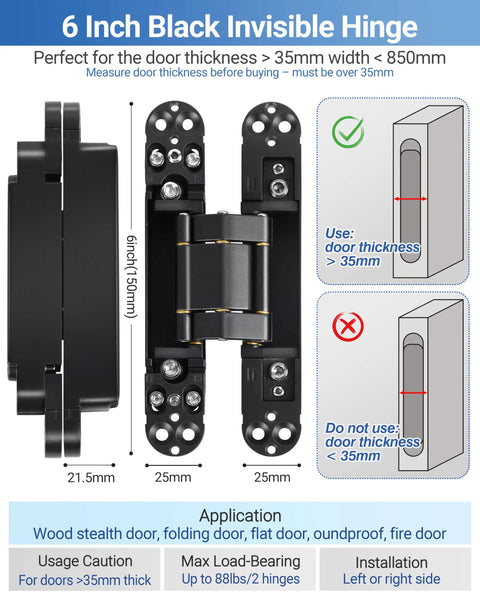 Image showing 6 Inch Black Invisible Door Hinge dimensions with 3 way adjustable and 180 degree swing labeled for proper installation.