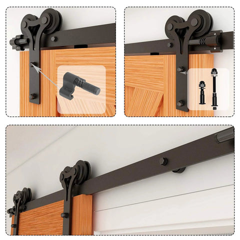 12ft Sliding Barn Door Hardware Kit With Floor Guide And Premium Nylon Roller Wheels installed on a wooden door