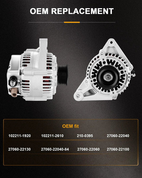 New Alternator Replacement For Pontiac Vibe 2003 2008 1.8L And Toyota Celica MR2 Corolla Matrix 2000 2008 1.8L L4 Engine Ready To Drop In High Output Auto Electrical Generator For Reliable Charging, side and front view, OEM fitment.