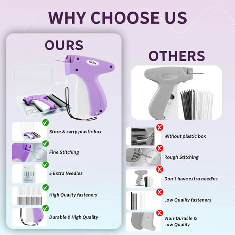 Comparison of handheld stitch gun with purple ergonomic design, safety storage box, extra needles, and fasteners vs other model.