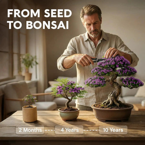 Beginner Bonsai Starter Kit With 5 Unique Japanese Bonsai Tree Seeds Complete Indoor Bonsai Growing Set with a man trimming bonsai