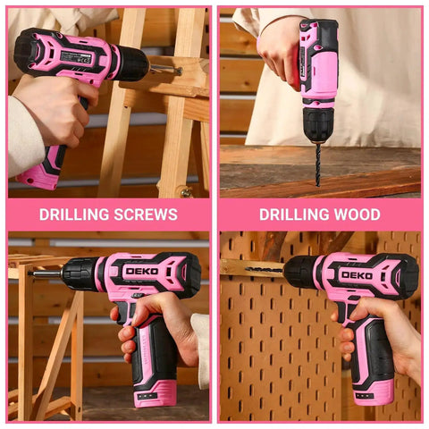 12V Cordless Drill Kit With Pink Design And LED Light 800 RPM Power Drill Set in use for wood and screws