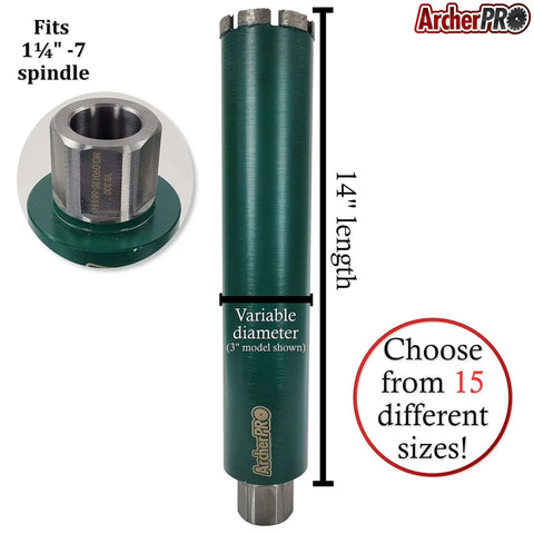 Beast Aggressive Diamond Turbo Core Drill Bit With V Tip For Fast Dry Or Wet Concrete And Masonry Drilling In Core Drill Stand Rigs Two And A Quarter Inch Core Size Thin Wall Core Laser Welded Segments Medium Bond Archer PRO, shown in 14" length with spindle visible.