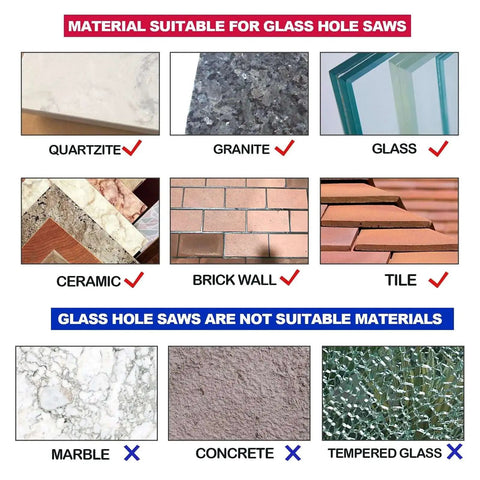 Image showing materials compatible and not compatible with a diamond hole saw set, including granite, glass, tile, and ceramic.