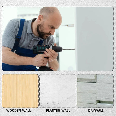 Man installing 100 Pack White Drywall Anchors 1/4 X 1-1/2 Inch Pan Head Alloy Steel Self Drilling Wall Anchors on drywall wall