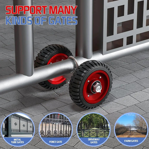 8 Inch Rolling Gate Wheel For Sliding Gates Heavy Duty Casters on metal gate, red rubber tire, steel plate, galvanized finish