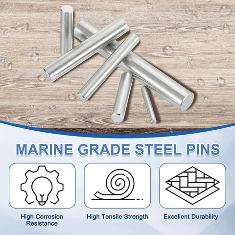 Heavy Duty Marine Grade 316 Stainless Steel Dowel Pins 8mm By 80mm Set Of 5 For Pegs Shelves DIY Projects Durable Round Metal Rods Rust Resistant And More displayed on a wooden surface