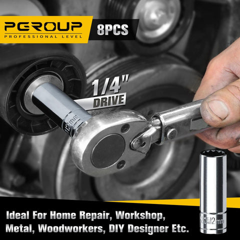 1/4 Inch Drive Deep Socket Set, 8 Piece Metric 12 Point From 6mm To 13mm, Chrome Vanadium Steel with ratchet in use