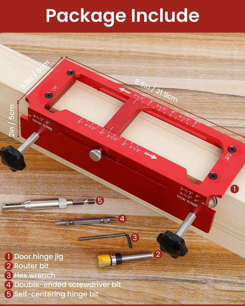 Package contents of Built Tough Aluminum Door Hinge Jig For 2.5 To 5 Inch Hinges Adjustable Jamb Router Jig With Radius Quarter Inch And Radius Five Eighths Inch Square Corner 6061 Aluminum Alloy By JoblikeBrez.