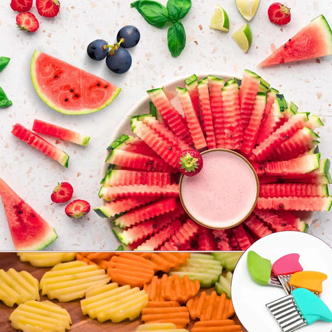 Two-Piece Stainless Steel Crinkle Cutter Set For Fries And Wavy Chips Veggies And Fruits with crinkle-cut watermelon and chips