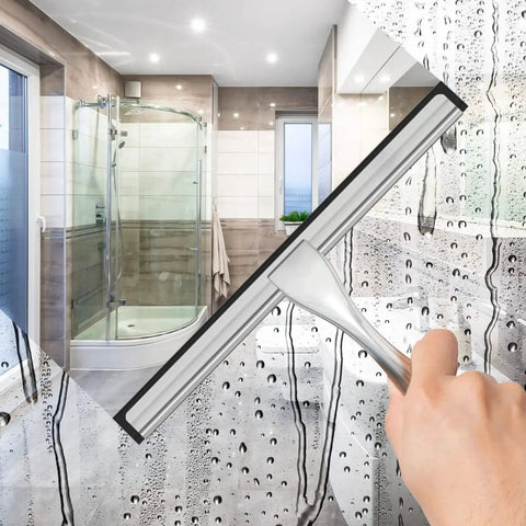 Stainless Steel Shower Squeegee 10 Inch With Adhesive Hooks For Glass shown wiping shower glass clean