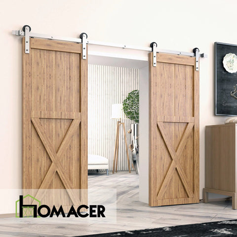 Brushed Nickel Sliding Barn Door Hardware Kit For Two Doors 8 Foot Flat Track With Straight Rollers Beefy Heavy Duty, installed