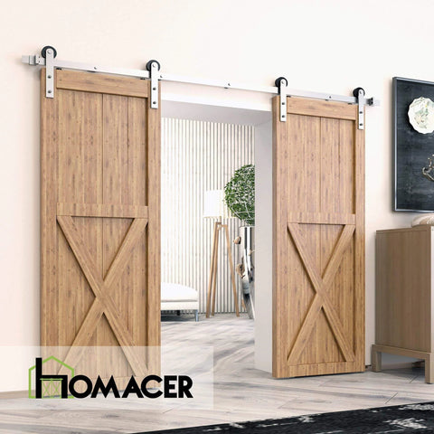 Brushed Nickel Non-Bypass Sliding Barn Door Hardware Kit for Two Doors, 15-Foot Flat Track, Straight Rollers installed
