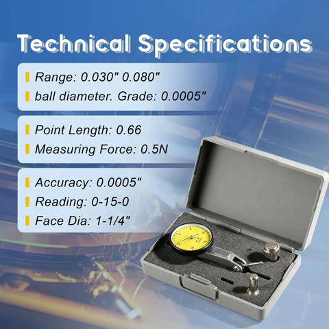 Yellow 0.030 In Test Indicator With 0.0005 In GR Dial Reading 0-15-0 New Machinist Grade Precision Tool in open case