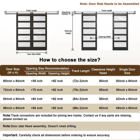 Size chart for Black PVC Surface Solid Core Wood Frosted Glass Sliding Barn Door With Installation Hardware Kit 60 By 84 Inches Soft Close