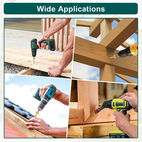 Collage showing 14 Gauge 3 Inch Wood Lag Screws 54 Piece Star Drive Decking Screws used in timber and decking projects.