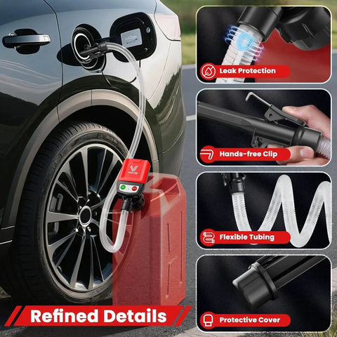 Electric Fuel Transfer Pump With Auto Stop For Gas Cans, 3.8 GPM Flow, 51 Inch Hose, Four Size Adapters in use with car.