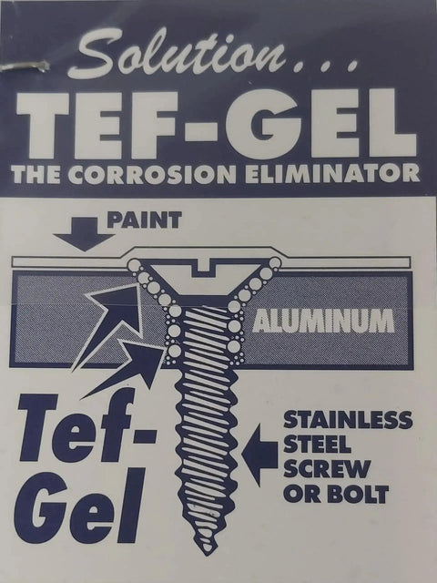 Diagram showing Tef-Gel application on aluminum with stainless steel screw, highlighting corrosion elimination process.