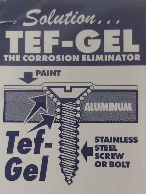 Diagram showing Tef-Gel TG-.25 3cc Anti-Corrosion And Anti-Seize Pro-Grade Marine Lubricant preventing corrosion on a screw.