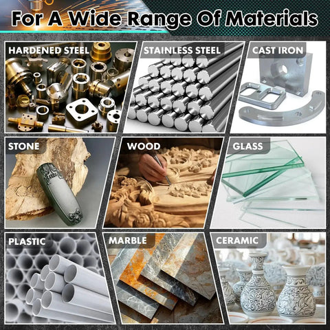 Various materials including hardened steel, stainless steel, cast iron, stone, wood, glass, plastic, marble, and ceramic displayed.
