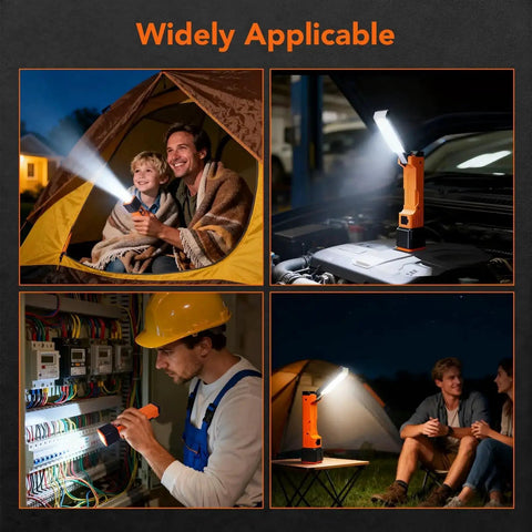 Four scenes showing the All In One Rechargeable Work Light With Dual COB Flood And LED Spotlight in use for camping and repairs.