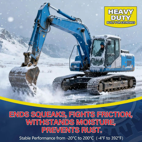 Heavy-duty blue excavator in a snowy landscape, operating in extreme weather with text promoting anti-squeak, friction, and rust.