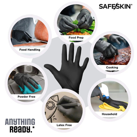 Ultralight Nitrile Gloves 2.0 Mil Black Large 100 Count Powder Free Latex Free shown in various uses like cooking and cleaning