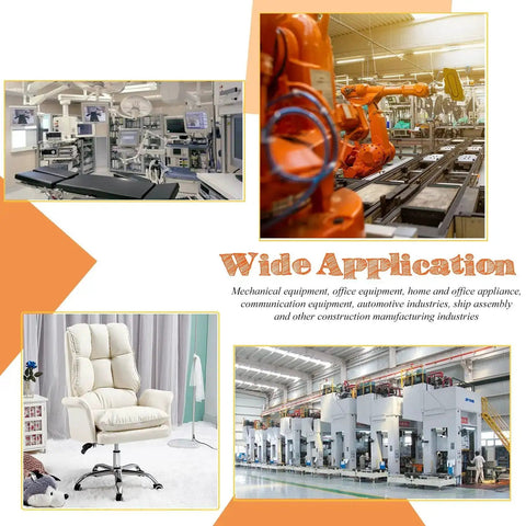 Collage showing mechanical, automotive, and office equipment illustrating wide application in diverse industries.