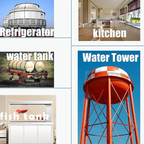 Collage with images of refrigerator, kitchen, water tank, water tower, and fish tank.