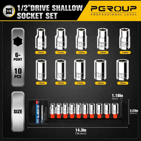 10 Piece 1/2 Inch Drive Shallow Socket Set Metric 10mm Through 19mm, 6 Point Cr-V Steel, Chrome Plated, With Handy Hanging Bracket