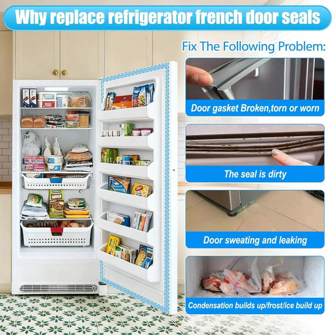 Open freezer showing EPDM freezer door gasket issues like dirt, wear, and condensation; focus on replacing for best performance.
