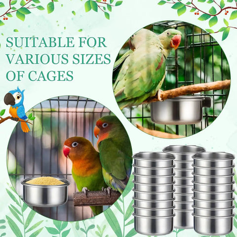 Stainless Steel Bird Bowls 10 Oz 24 Pack With Clamps for Parakeet Parrot Budgie Rabbit Chicken Cage Feeding Dishes and Water Feeders