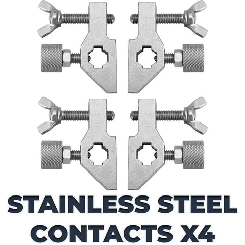 Four stainless steel contacts with precision screws, part of Pipe Alignment Chain Pliers Built Tough For Precise Welding.