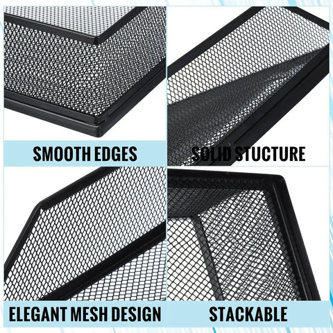 Close-up views of Twofer Pack Black Metal Letter Trays Set For Desk Organization, showing smooth edges, solid structure, and mesh design.