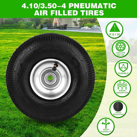 10 Inch Pneumatic Wheel Set With 4.10/3.50-4 Tire, 2.2 Inch Offset Hub And 5/8 Inch Bearings against lawn backdrop
