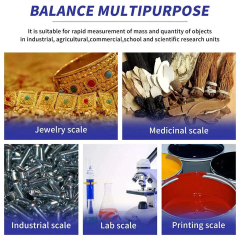 Multipurpose balance scale uses: jewelry, medicinal, industrial, lab, printing scales with diverse objects and equipment images.