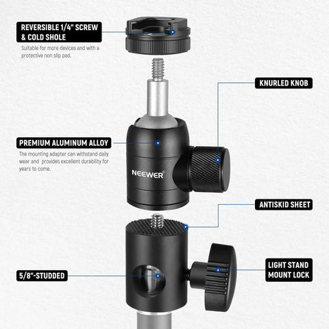 Diagram of Light Stand Mount Adapter With Cold Shoe And Quarter Inch Screw Mini Ball Head, showing components and features.