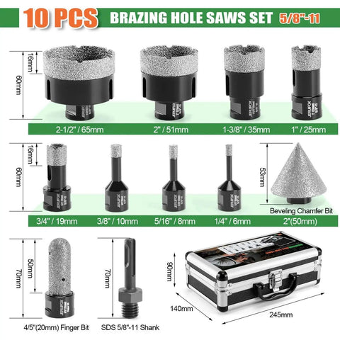 All In One Diamond Hole Saw Kit For Tile Ceramic And Granite With 11 Piece Diamond Core Drill Bit Set Featuring Sizes 6mm-65mm, tools and case