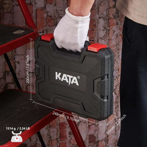 Person holding the solid storage case of a Pro-Grade Hole Saw Kit With 20 Pieces From 3/4 Inch To 6 Inch Holes, for DIY projects.