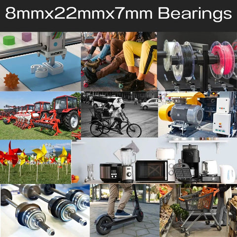 Collage of applications for 608 2RS Double Rubber Sealed Ball Bearings 8x22x7mm in various devices like 3D printers, skateboards, and motors.
