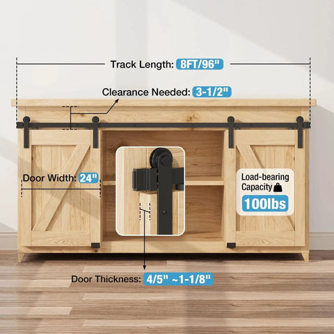 8Ft Small Sliding Barn Door Hardware Kit For Double Doors With Spliced Tracks And Floor Guides Suitable For Grooved Or Non Grooved Doors Ideal For TV Stands Cupboards Storage Cabinets Wardrobes I Shape Hanger No Cabinet installed on wooden cabinet showing track length and door width