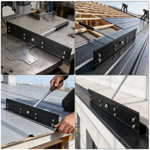 Heavy Duty 16 Inch Sheet Metal Folding Tool with PVC handle in use for HVAC ductwork and roofing, showing dual 3/8 and 1 inch bends.