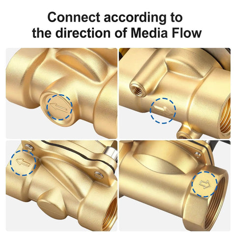 Close-up of Three Eighths Inch Brass Electric Solenoid Valve 12 Volt DC Normally Closed For Water And Air Lines with media flow directions.