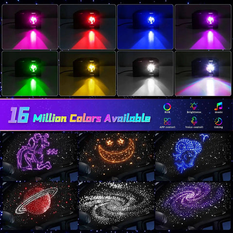 Starlight Fiber Optic Headliner Kit with twinkling RGBW lights, sound activation, and app control for car and home ceiling decor.