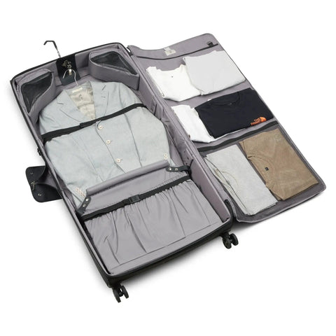 Open view of Level Up Your Travel With A Lightweight DuraTec Rolling Garment Bag That Powers Through Checkpoints With Spinner Wheels, featuring a hanger clamp system and spacious interior storing clothes.